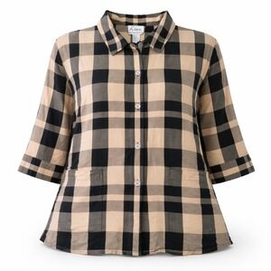 Linea By Louis DellOlio Womens 1X Button-Up Linen Silk Plaid Top Black Beige